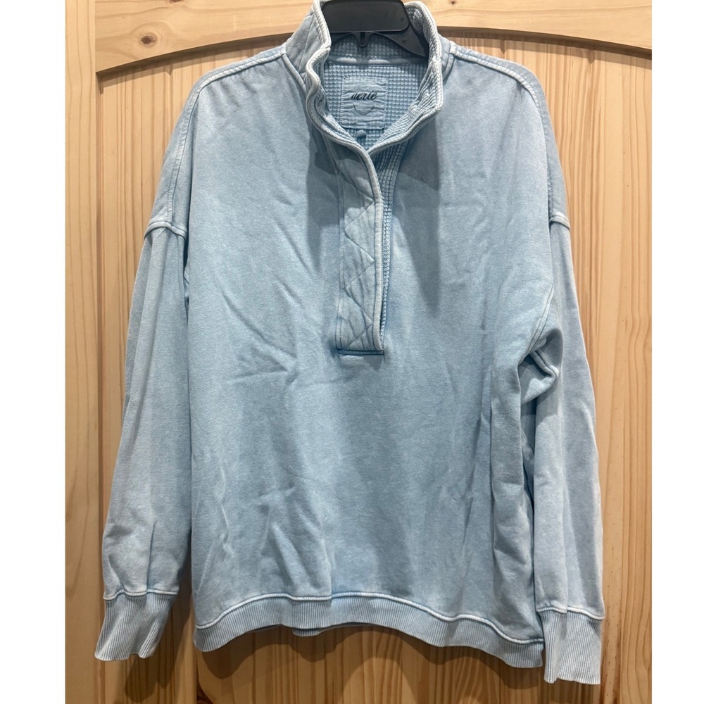 Aerie Women Blue Acid Wash Quilted Quarter Snap Pullover Sweatshirt Small